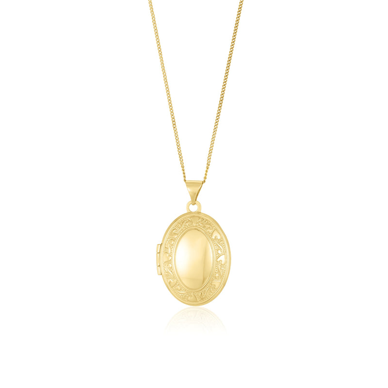 9ct Yellow Gold Scroll & Heart Border Oval Locket Pendant