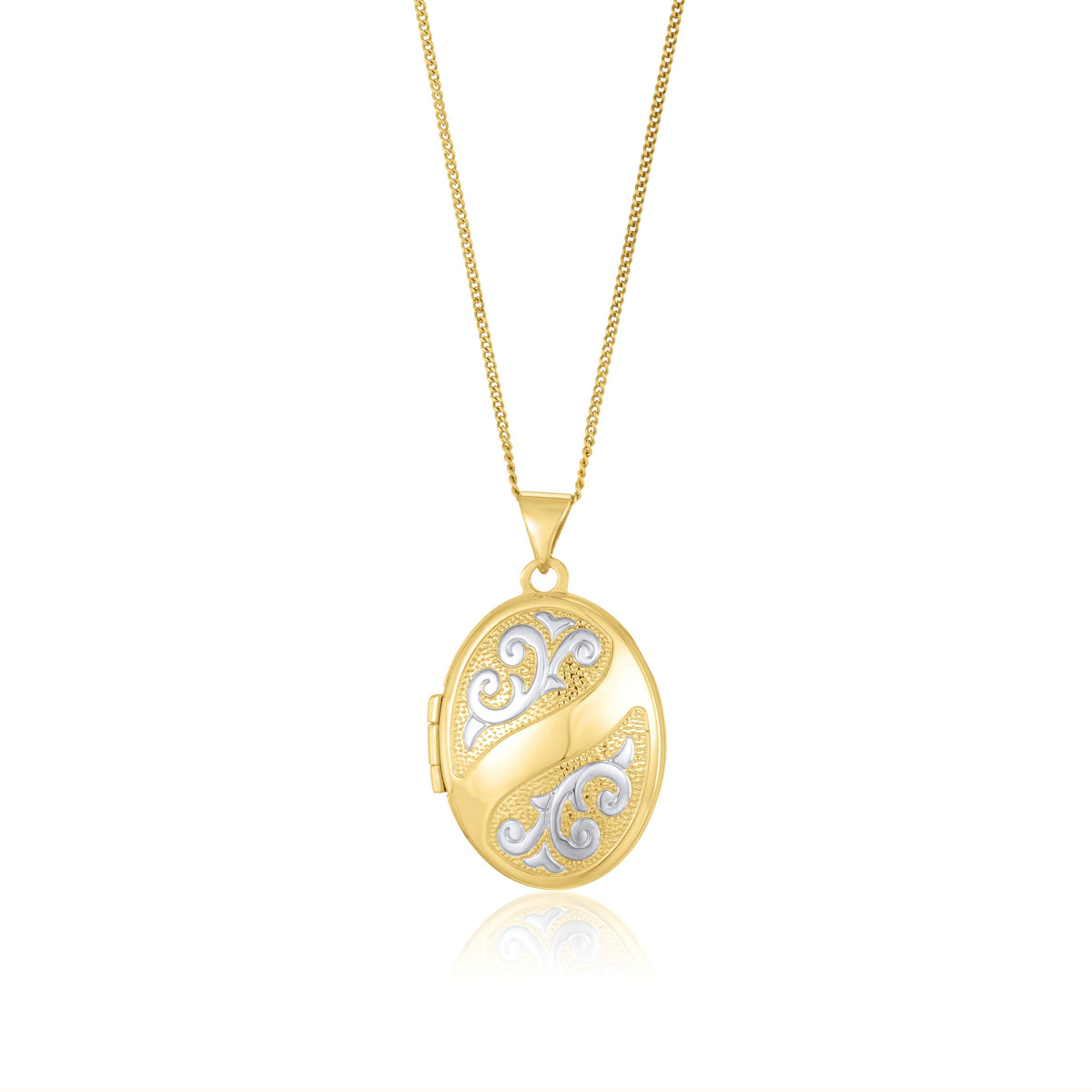9ct Yellow and White Gold Two Tone Scrollwork Oval Locket Pendant