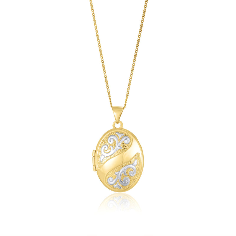 9ct Yellow and White Gold Two Tone Scrollwork Oval Locket Pendant