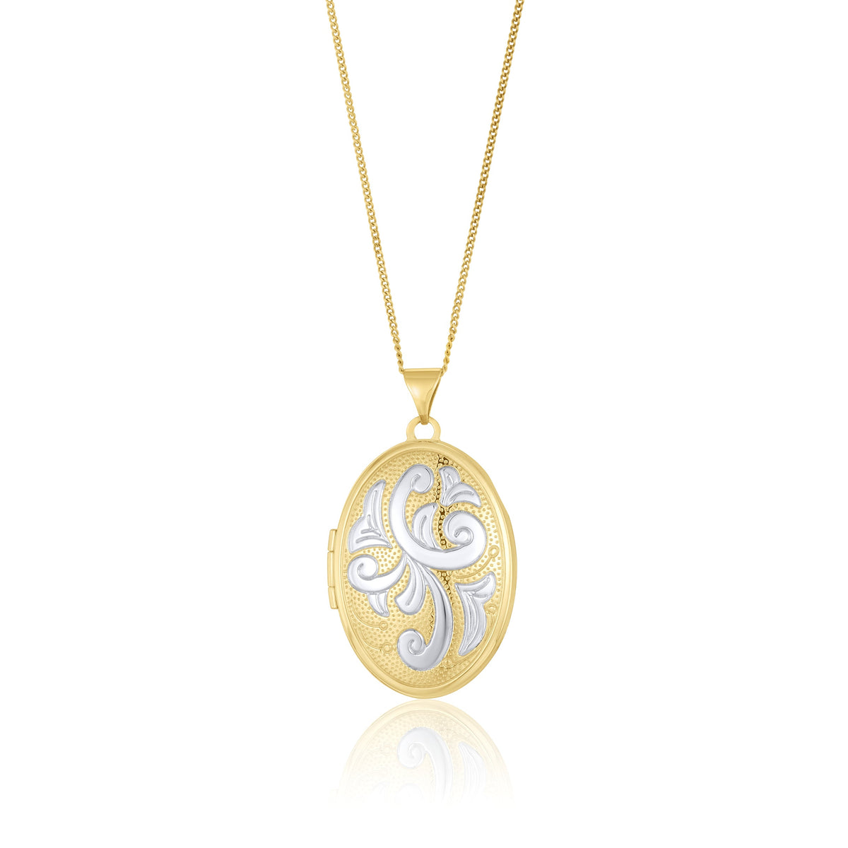 9ct Yellow and White Gold Two Tone Scrollwork Oval Locket Pendant