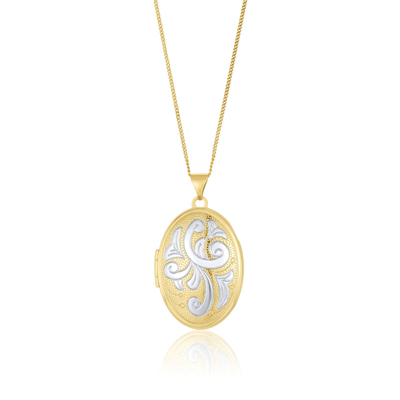 9ct Yellow and White Gold Two Tone Scrollwork Oval Locket Pendant