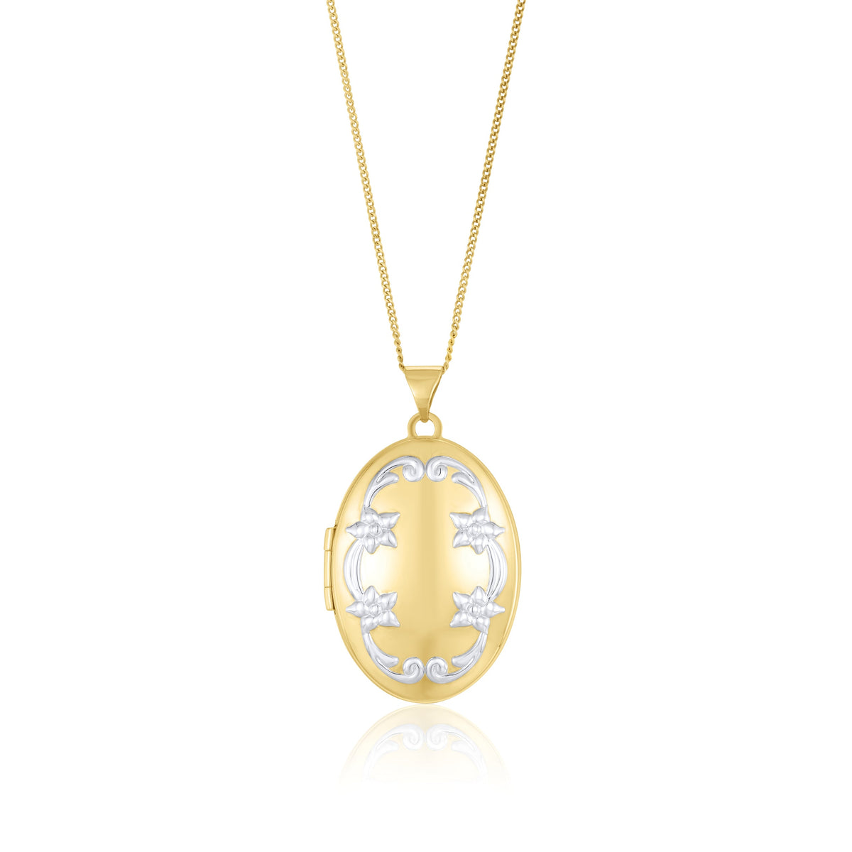9ct Yellow and White Gold Two Tone Floral Scroll Oval Locket Pendant