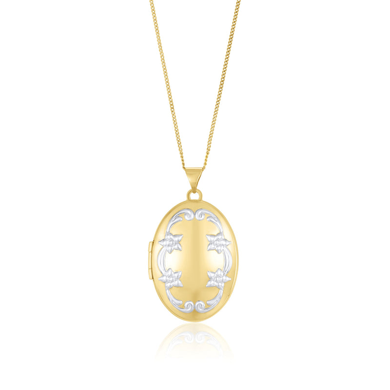 9ct Yellow and White Gold Two Tone Floral Scroll Oval Locket Pendant