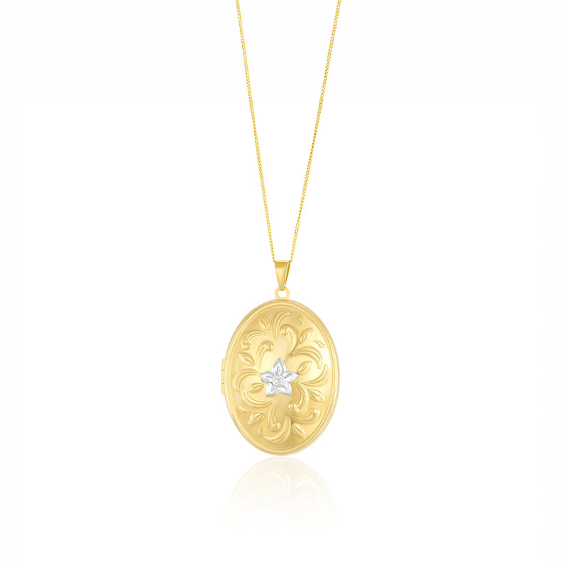 9ct Yellow and White Gold Two Tone Floral Scroll Oval Locket Pendant