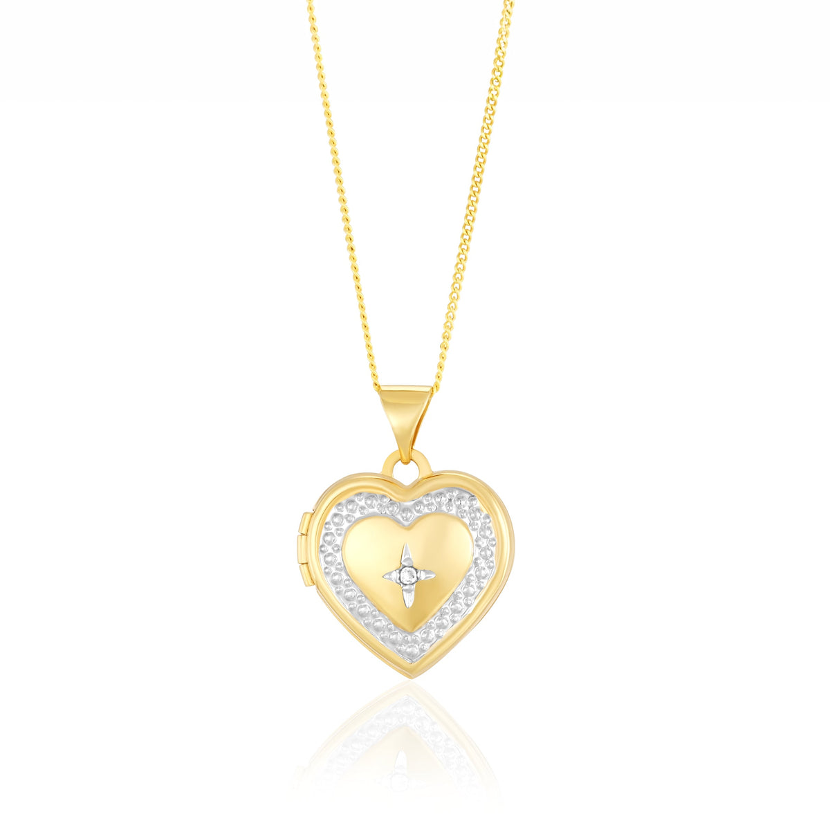9ct Yellow and White Gold Two Tone Natural Diamond Star Detail Heart Locket Pendant