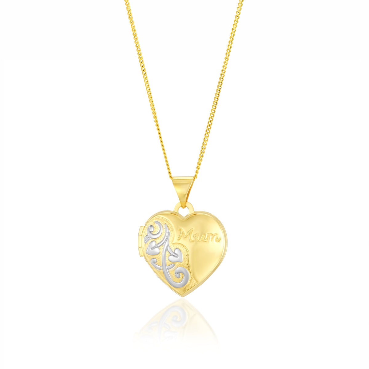 9ct Yellow and White Gold Two Tone Mum Mother Scroll Heart Locket Pendant