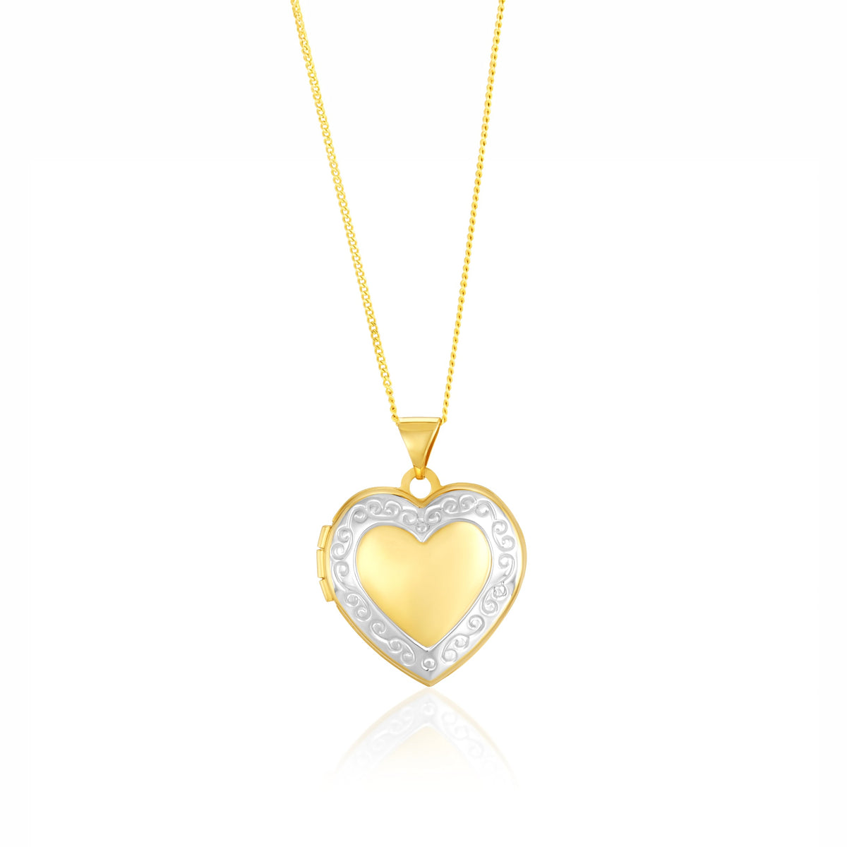 9ct Yellow and White Gold Two Tone Scroll Border Heart Locket Pendant