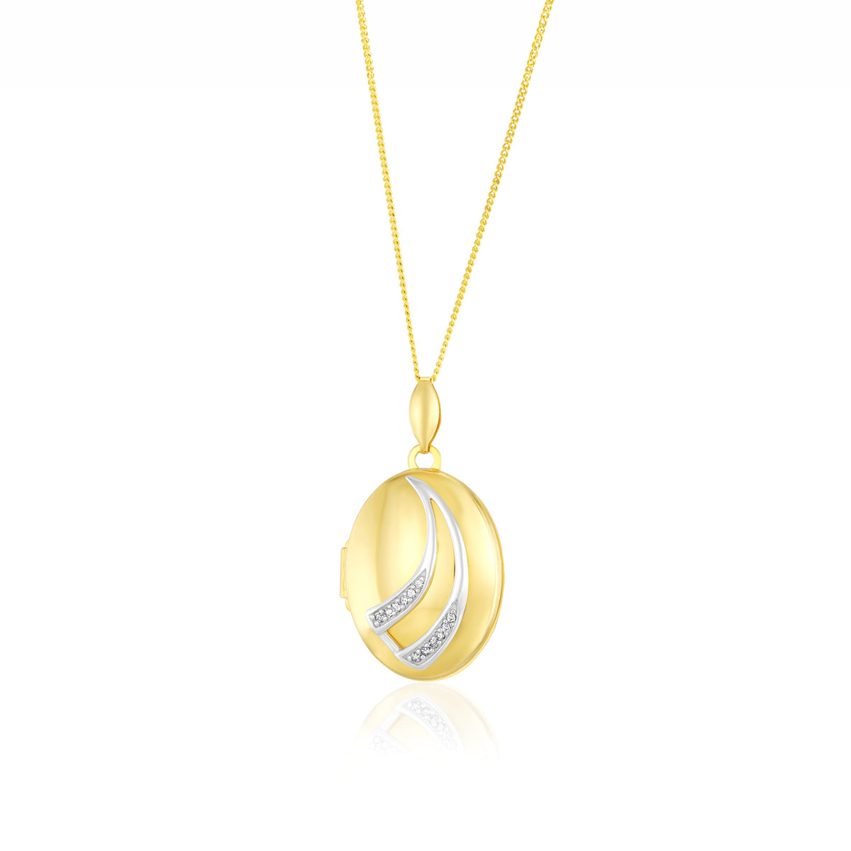 9ct Yellow and White Gold Two Tone Natural Diamond Double Sweep Oval Locket Pendant
