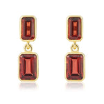 9ct Yellow Gold Octagonal Emerald Cut Natural Garnet Double Stone Rubover Drop Earrings