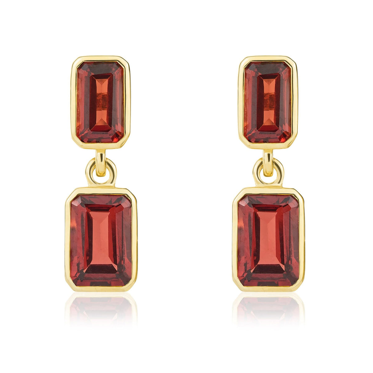 9ct Yellow Gold Octagonal Emerald Cut Natural Garnet Double Stone Rubover Drop Earrings