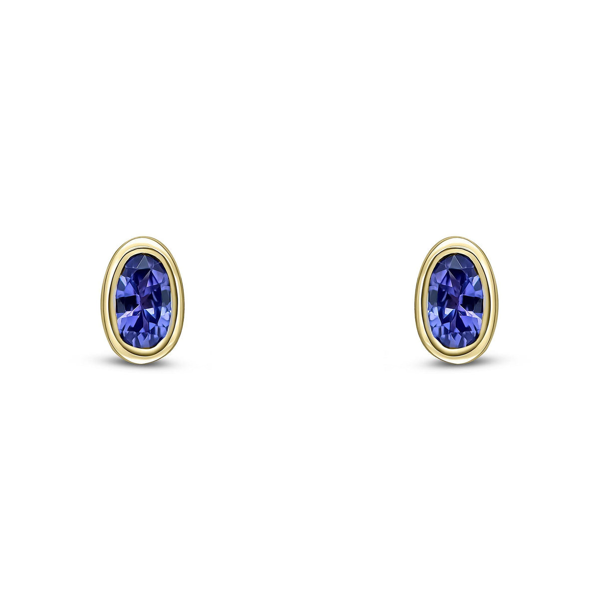 9ct Yellow Gold Oval Natural Tanzanite Rubover Stud Earrings — 5x3mm