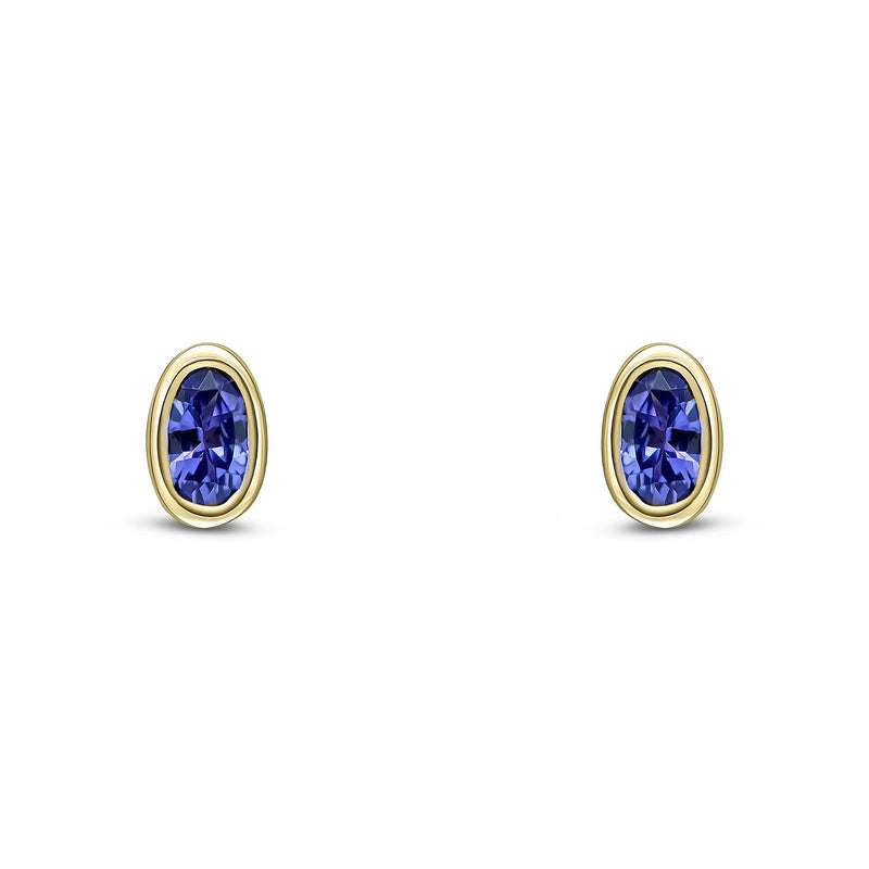 9ct Yellow Gold Oval Natural Tanzanite Rubover Stud Earrings — 5x3mm
