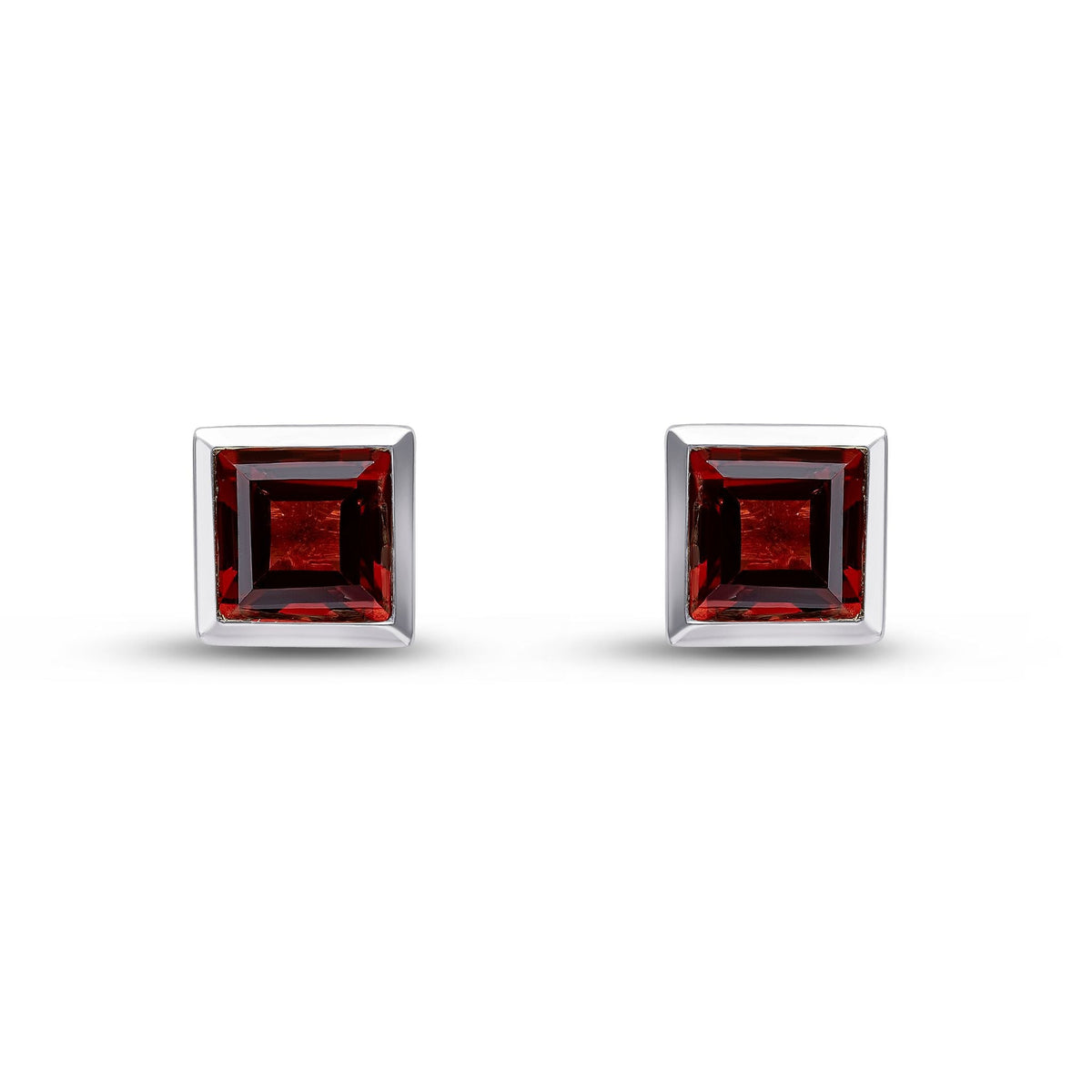 9ct White Gold Square Natural Garnet Rubover Stud Earrings — 5mm