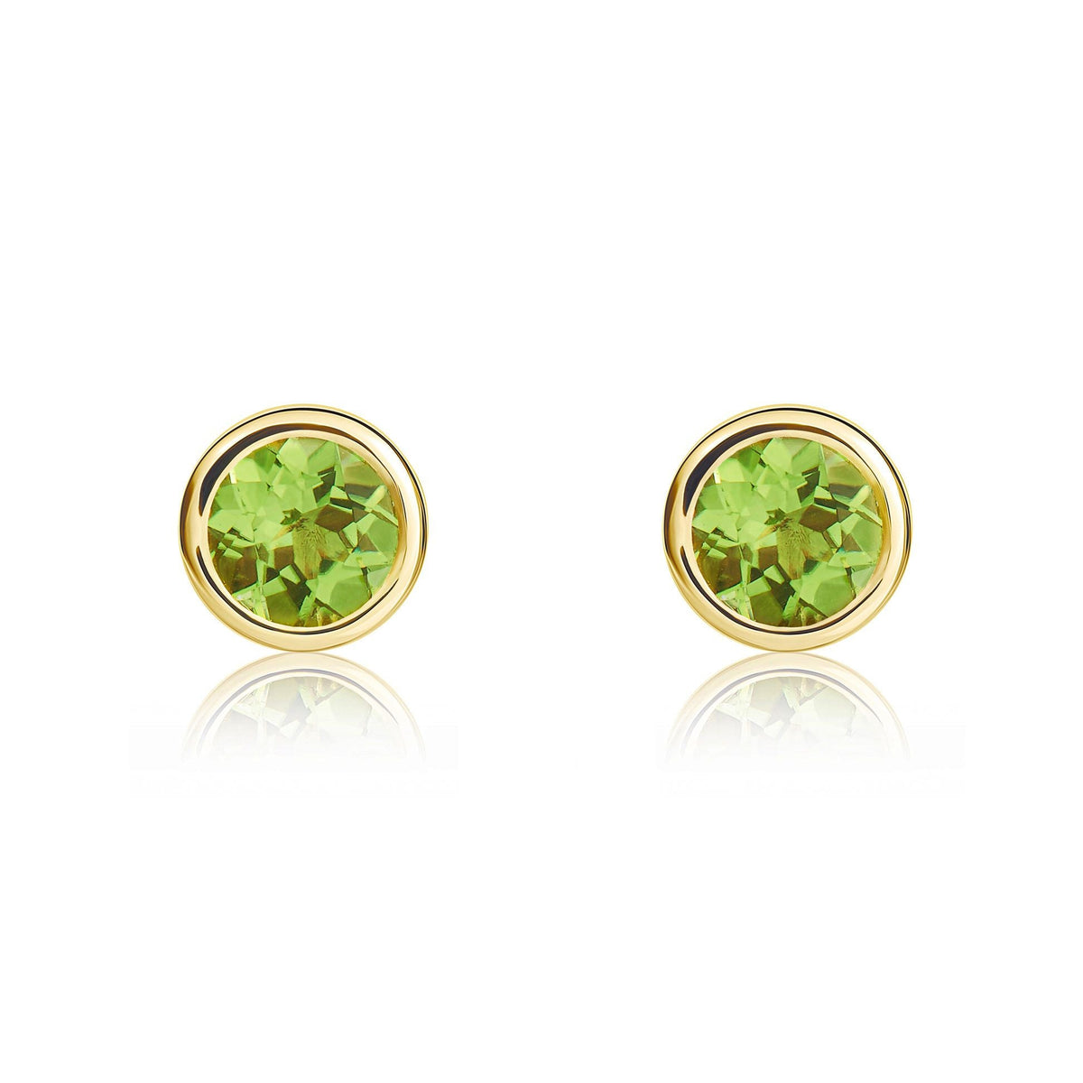9ct Yellow Gold Round Natural Peridot Rubover Stud Earrings — 4mm