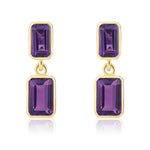 9ct Yellow Gold Octagonal Emerald Cut Natural Amethyst Double Stone Rubover Drop Earrings