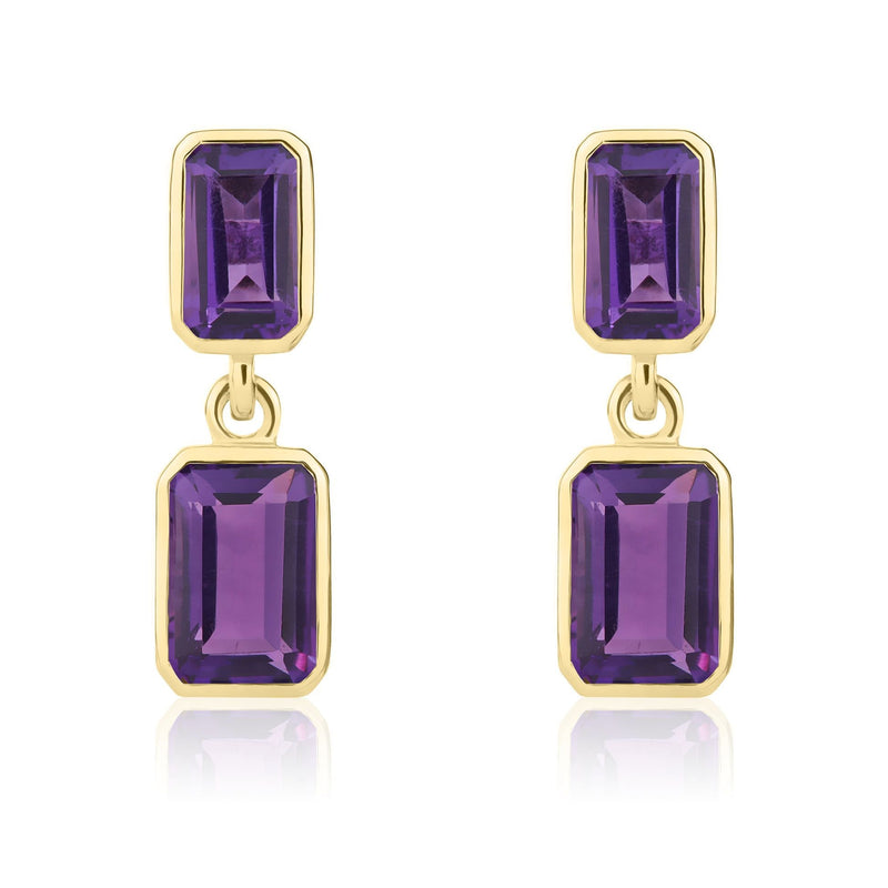 9ct Yellow Gold Octagonal Emerald Cut Natural Amethyst Double Stone Rubover Drop Earrings