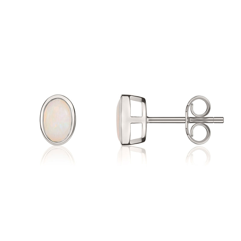 9ct White Gold Oval Natural Opal Rubover Stud Earrings — 6x4mm