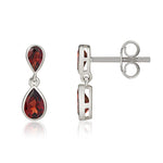 9ct White Gold Pear Shaped Natural Garnet Two Stone Rubover Drop Earrings