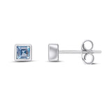 9ct White Gold Square Natural Aquamarine Rubover Stud Earrings — 3mm