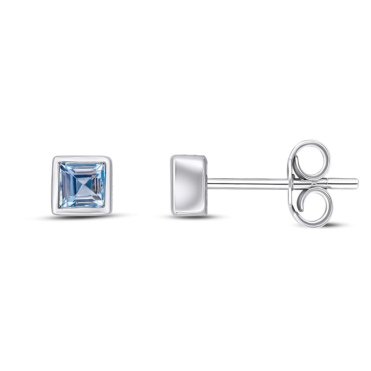 9ct White Gold Square Natural Aquamarine Rubover Stud Earrings — 3mm