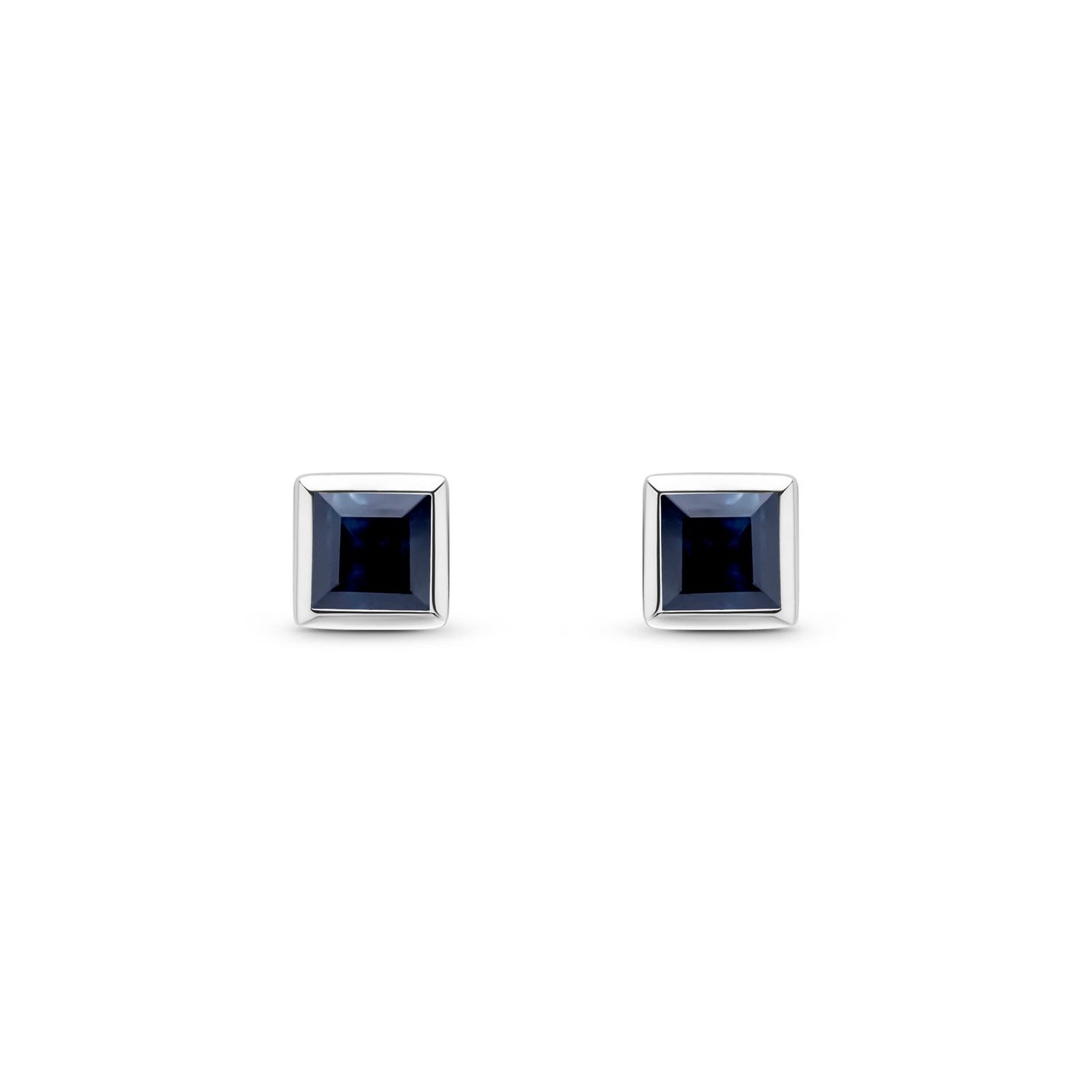 9ct White Gold Square Cut Natural Sapphire Rubover Stud Earrings — 3mm