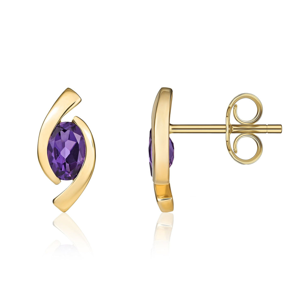 9ct Yellow Gold Oval Natural Amethyst 'Eye' Stud Earrings — 6x4mm