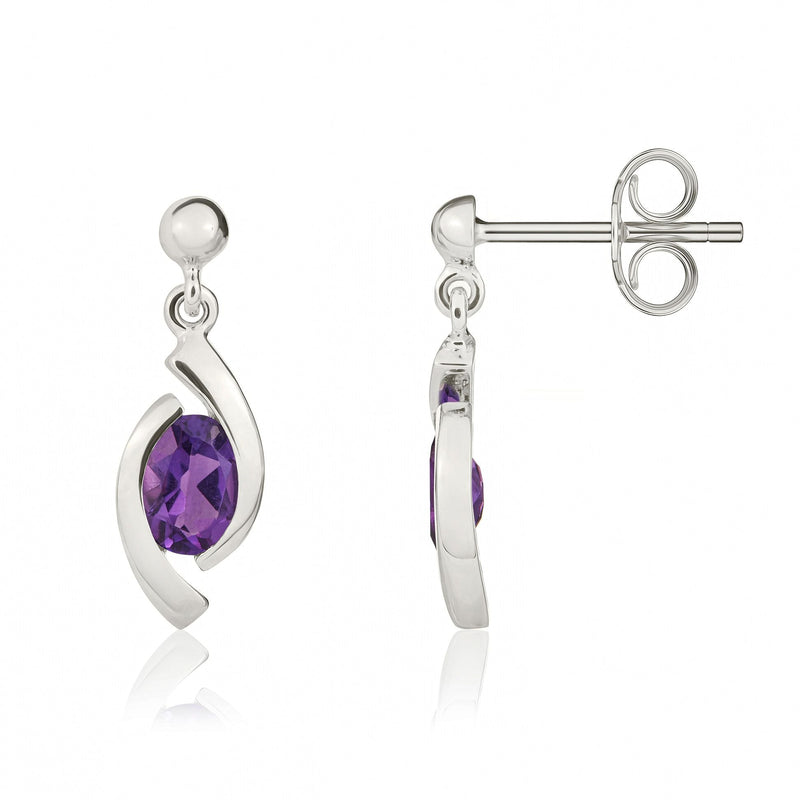 9ct White Gold Oval Natural Amethyst 'Eye' Drop Earrings — 6x4mm