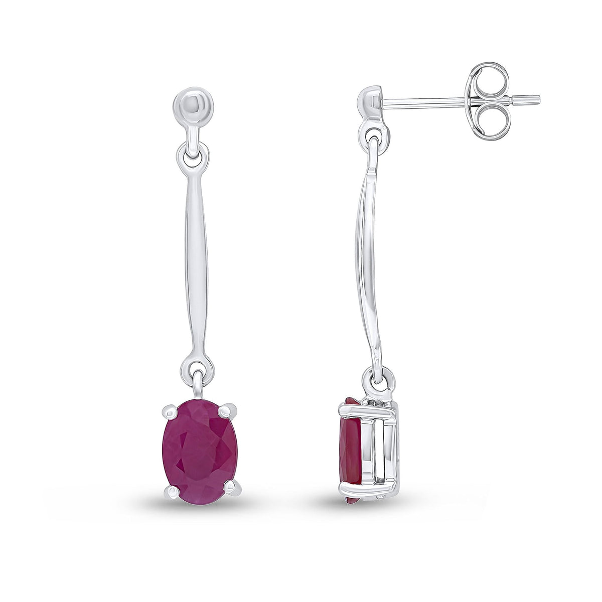 9ct White Gold Oval Natural Ruby Claw Bar Drop Earrings — 7x5mm