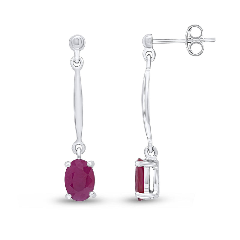 9ct White Gold Oval Natural Ruby Claw Bar Drop Earrings — 7x5mm
