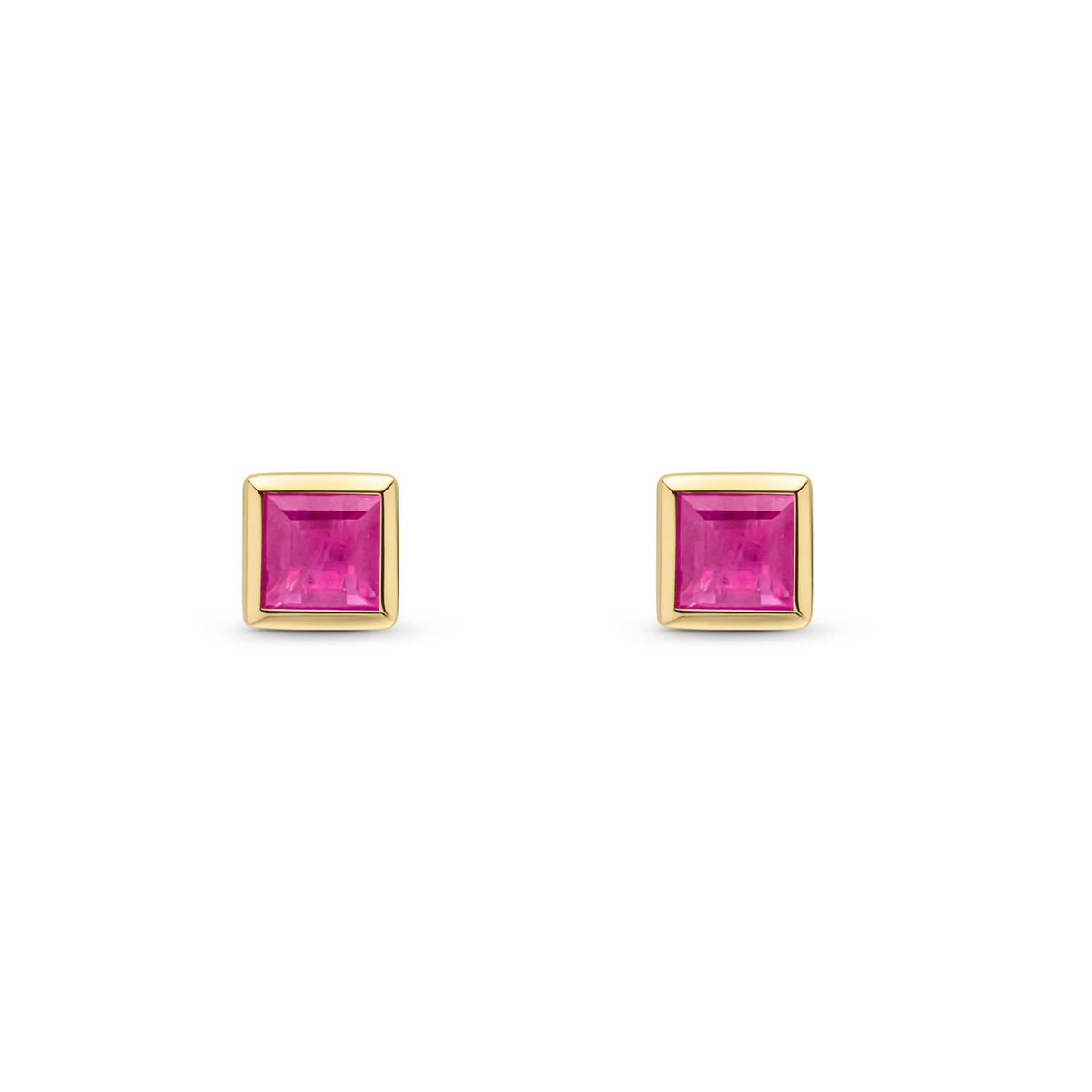 9ct Yellow Gold Square Natural Ruby Rubover Stud Earrings — 3mm