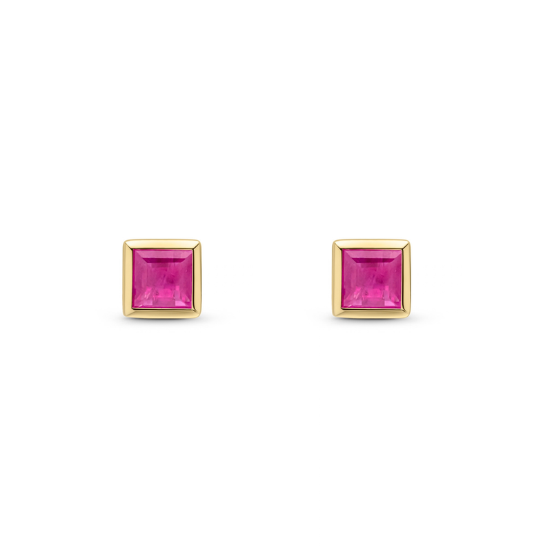 9ct Yellow Gold Square Natural Ruby Rubover Stud Earrings — 3mm