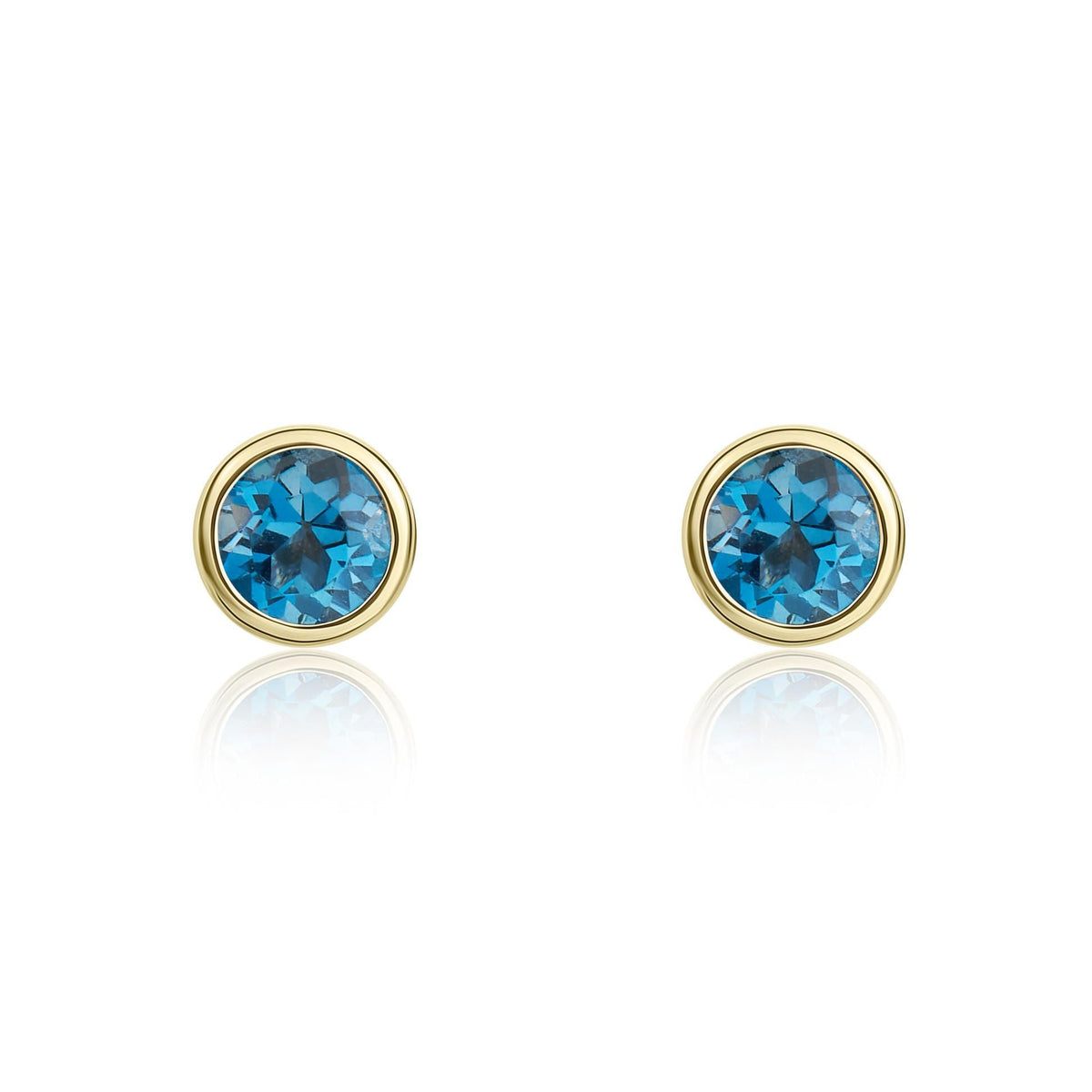 9ct Yellow Gold Round Natural London Blue Topaz Rubover Stud Earrings — 3mm