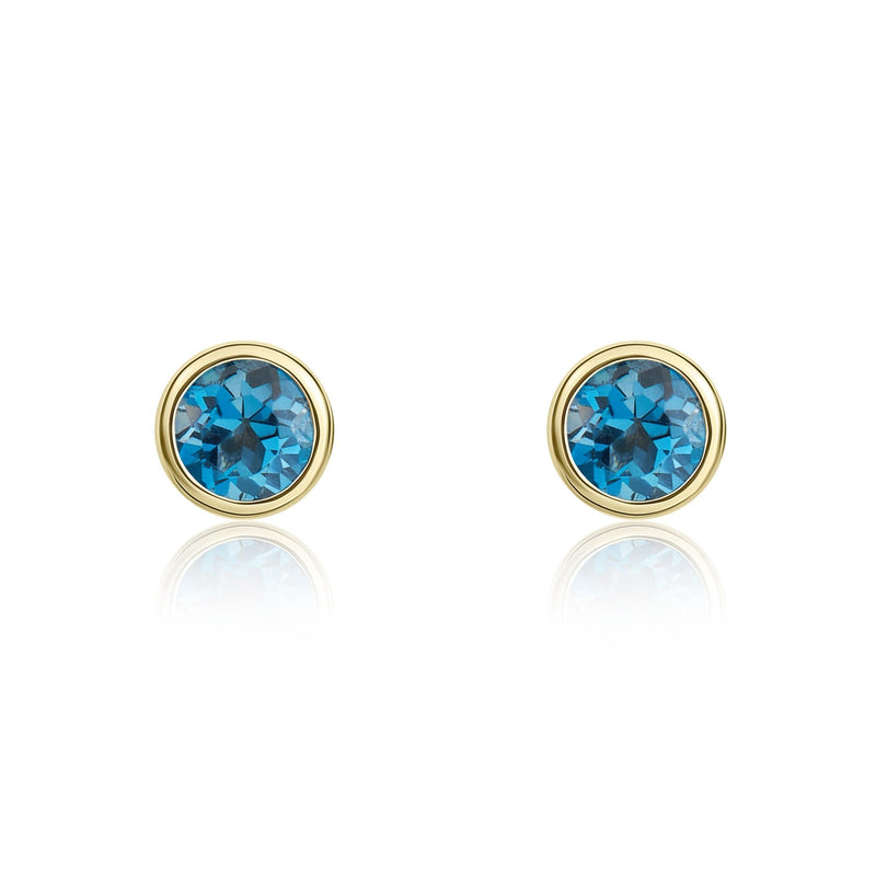 9ct Yellow Gold Round Natural London Blue Topaz Rubover Stud Earrings — 3mm