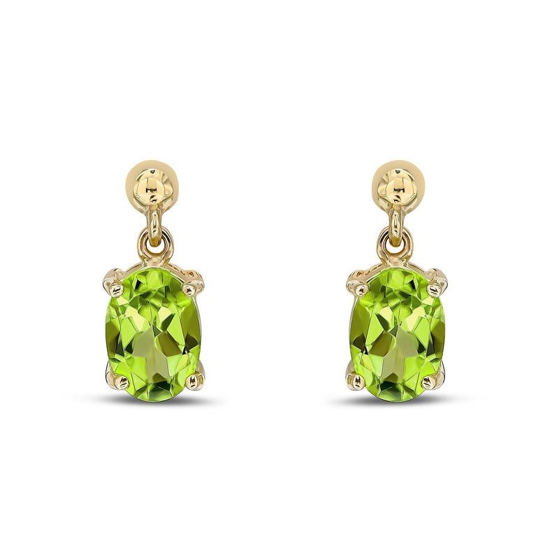 9ct Yellow Gold Oval Natural Peridot Claw Drop Earrings — 7x5mm