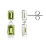 9ct White Gold Octagonal Emerald Cut Natural Peridot Double Stone Rubover Drop Earrings