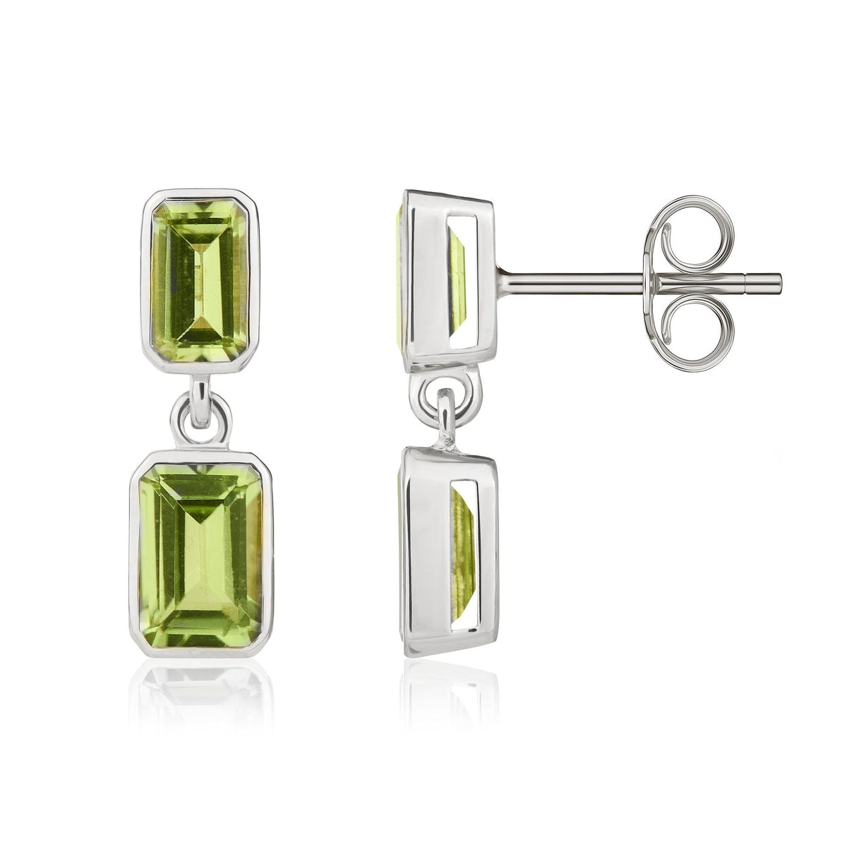 9ct White Gold Octagonal Emerald Cut Natural Peridot Double Stone Rubover Drop Earrings
