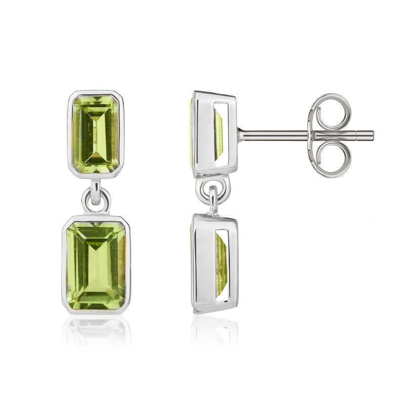 9ct White Gold Octagonal Emerald Cut Natural Peridot Double Stone Rubover Drop Earrings