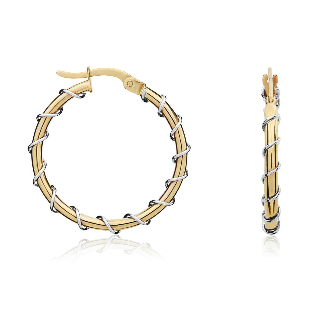 9ct Two Tone Yellow And White Gold Wire Twist Hoop Earrings — 25mm