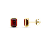 9ct Yellow Gold Octagonal Emerald Cut Natural Garnet Rubover Stud Earrings — 7x5mm
