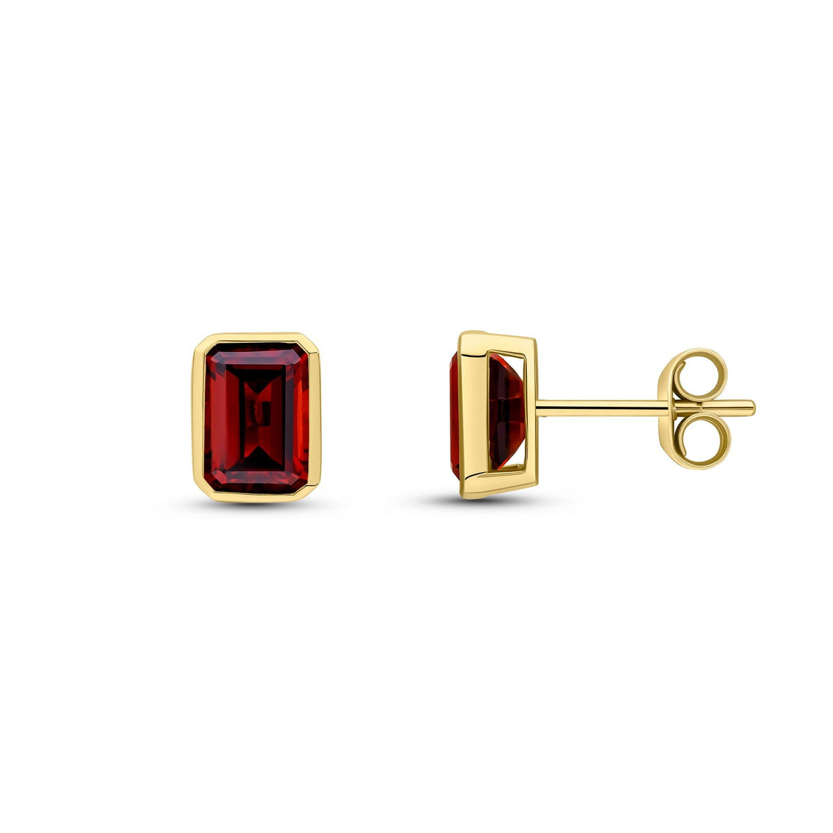 9ct Yellow Gold Octagonal Emerald Cut Natural Garnet Rubover Stud Earrings — 7x5mm