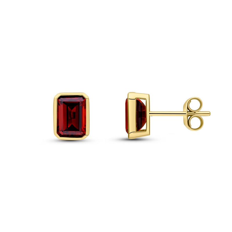 9ct Yellow Gold Octagonal Emerald Cut Natural Garnet Rubover Stud Earrings — 7x5mm