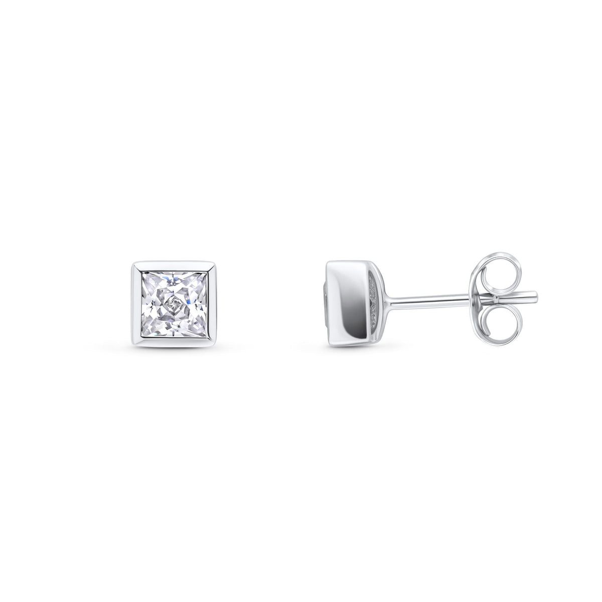 9ct White Gold Square Cubic Zirconia CZ Rubover Stud Earrings — 3mm