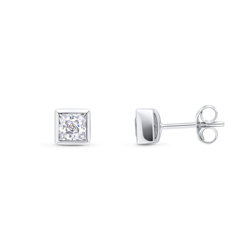 9ct White Gold Square Cubic Zirconia CZ Rubover Stud Earrings — 3mm