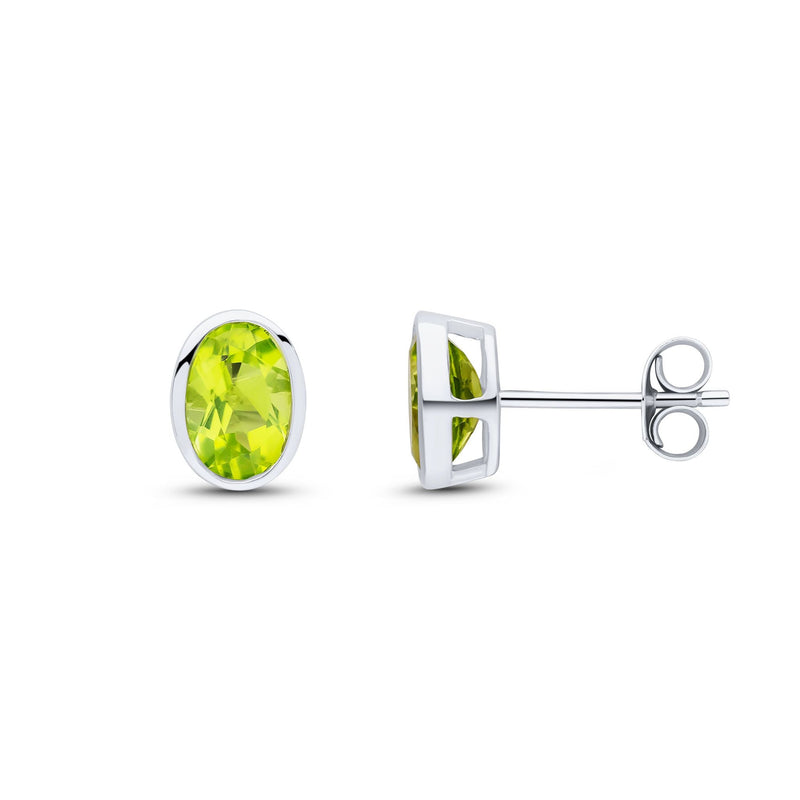 9ct White Gold Oval Natural Peridot Rubover Stud Earrings — 7x5mm