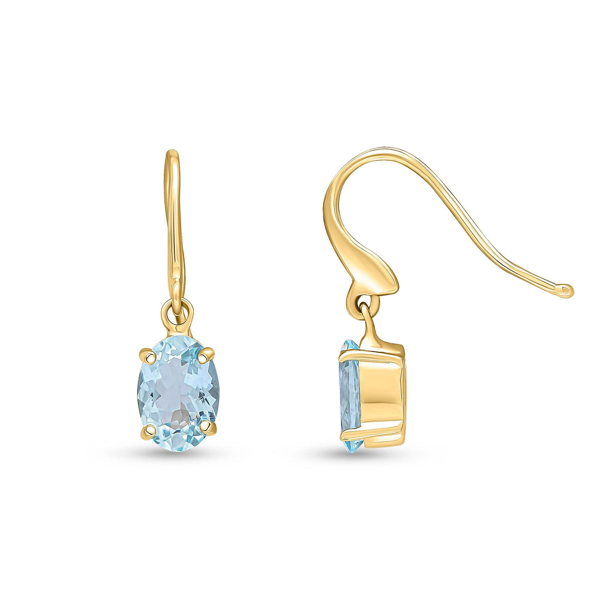 9ct Yellow Gold Oval Natural Aquamarine Claw Hook Wire Drop Earrings — 7x5mm
