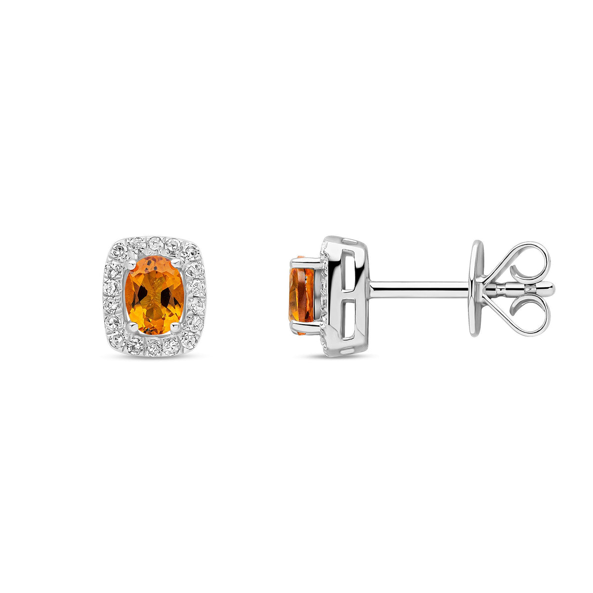 9ct White Gold Natural Citrine and Diamond Cluster Stud Earrings
