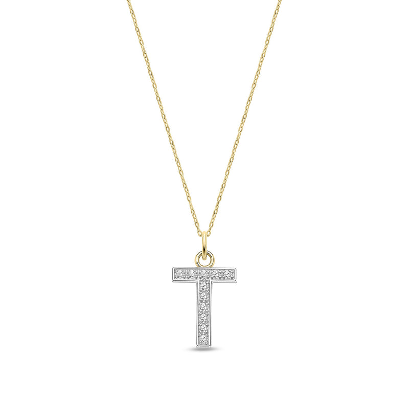 9ct Yellow Gold Medium Cubic Zirconia Initial Pendant - Initial T