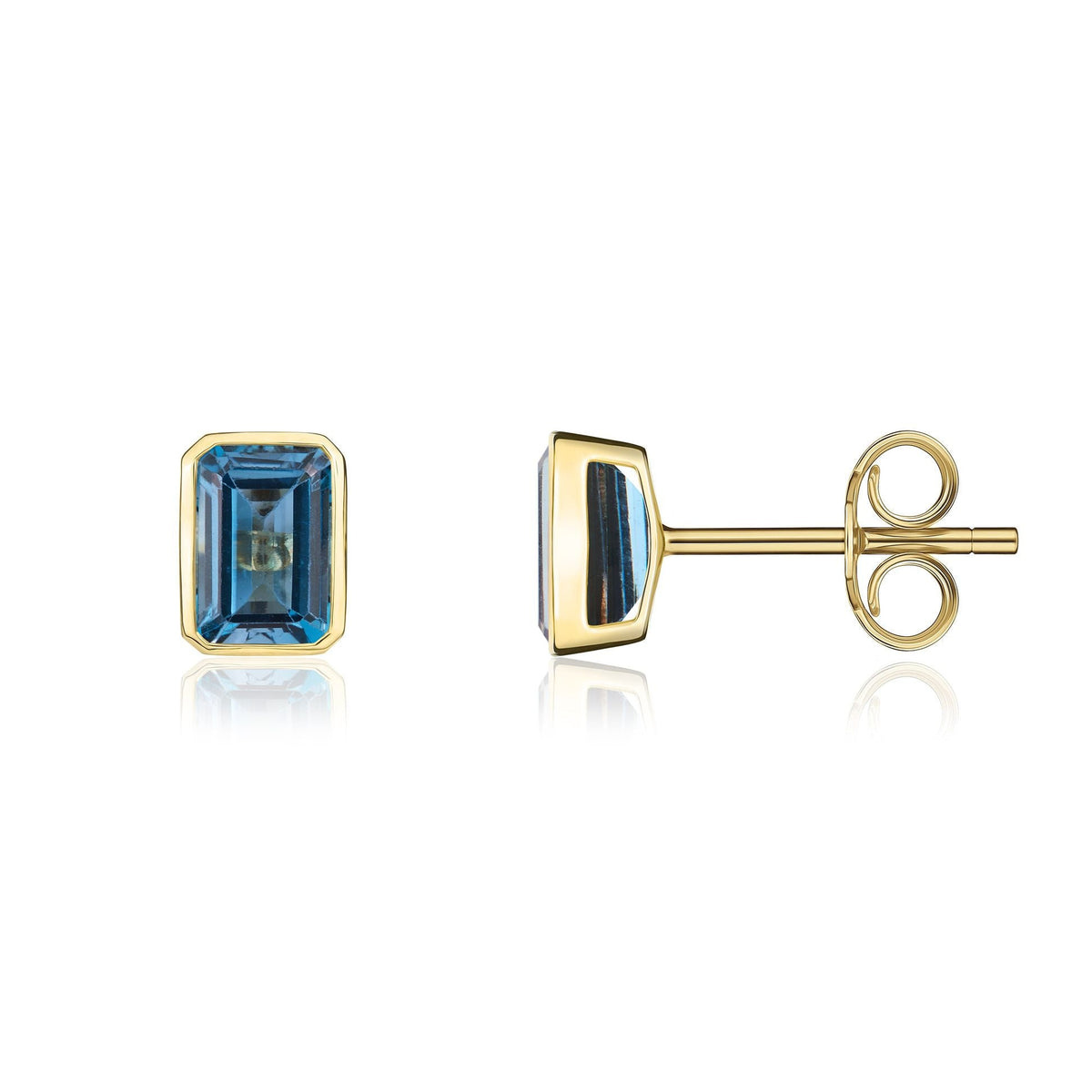9ct Yellow Gold Octagonal Emerald Cut Natural London Blue Topaz Rubover Stud Earrings — 7x5mm