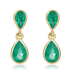 9ct Yellow Gold Pear Shaped Natural Emerald Two Stone Rubover Drop Earrings