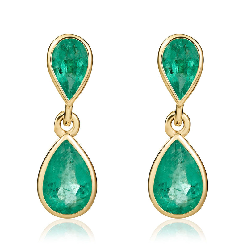 9ct Yellow Gold Pear Shaped Natural Emerald Two Stone Rubover Drop Earrings